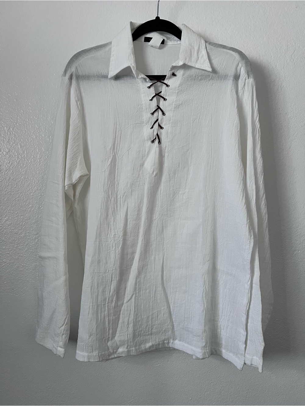 Vintage Pop Icon Mens L White Cotton Lace Up Long Sleeve Shirt